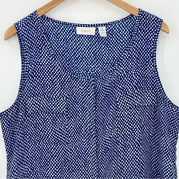 Chico’s blouse women's XL blue white polka dot button front tank sleeveless top - Picture 2 of 10